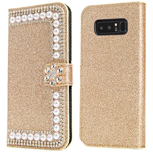 Samsung Galaxy Note 8 Case, Diamond Bling Shiny Shining [Extremely Sparkly] Luxury Jewel Crystal Girls Women Case Leather Wallet Flip Kickstand Case for Galaxy Note 8 (Flower-Gold)