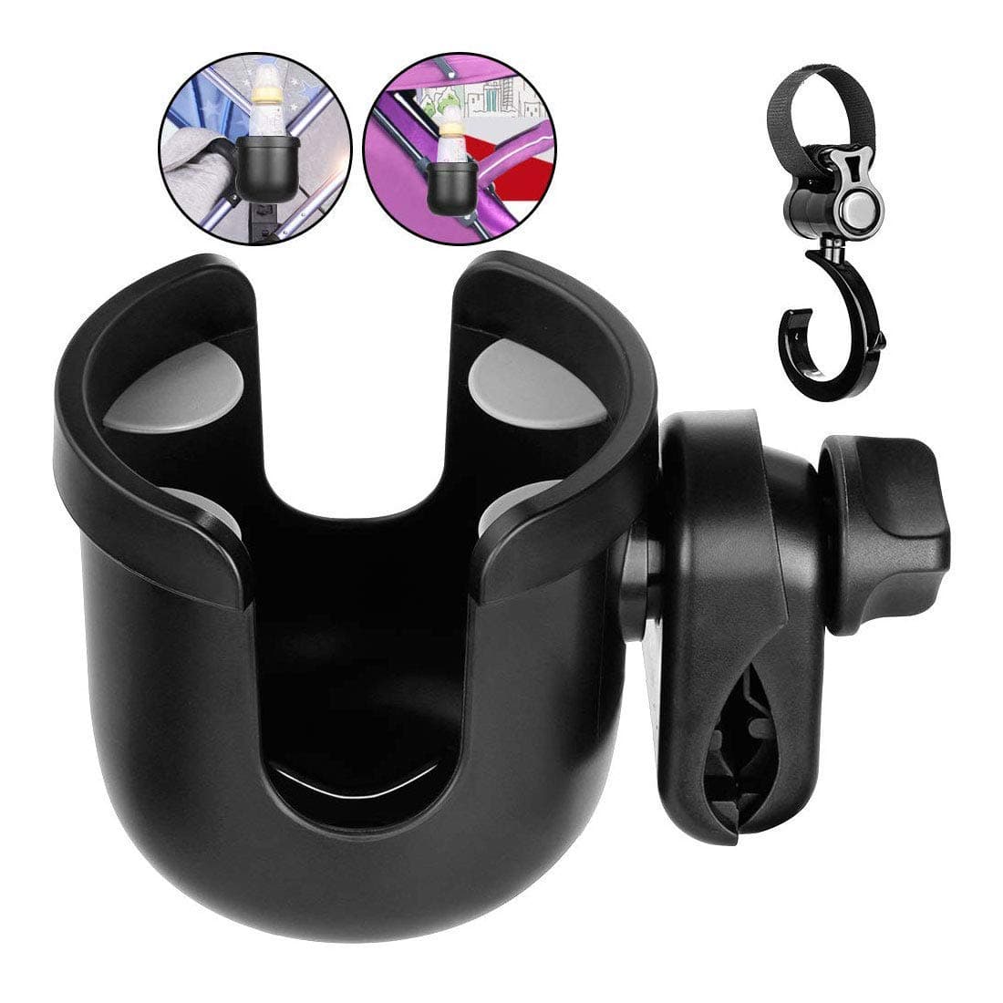 Universal Pram Cup Holder, Corpower Stroller Cup Holder and Stroller Hook, 360 Degrees Universal Rotation Cup Drink Holder for Baby Stroller, Pushchair/Bike (Black)