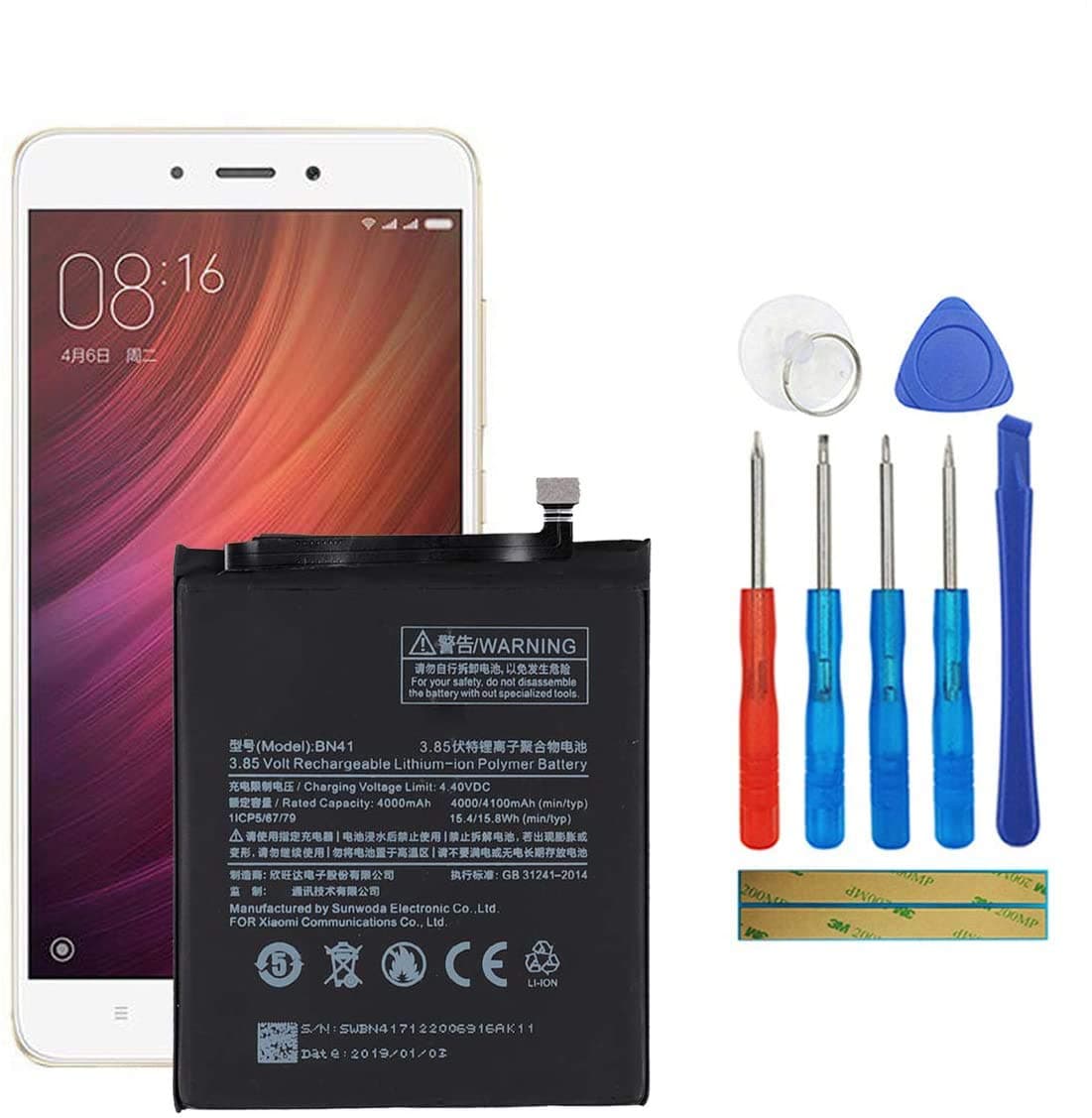 Shidai BN41 Replacement Battery Compatible with Xiaomi Redmi Note 4 with Tools