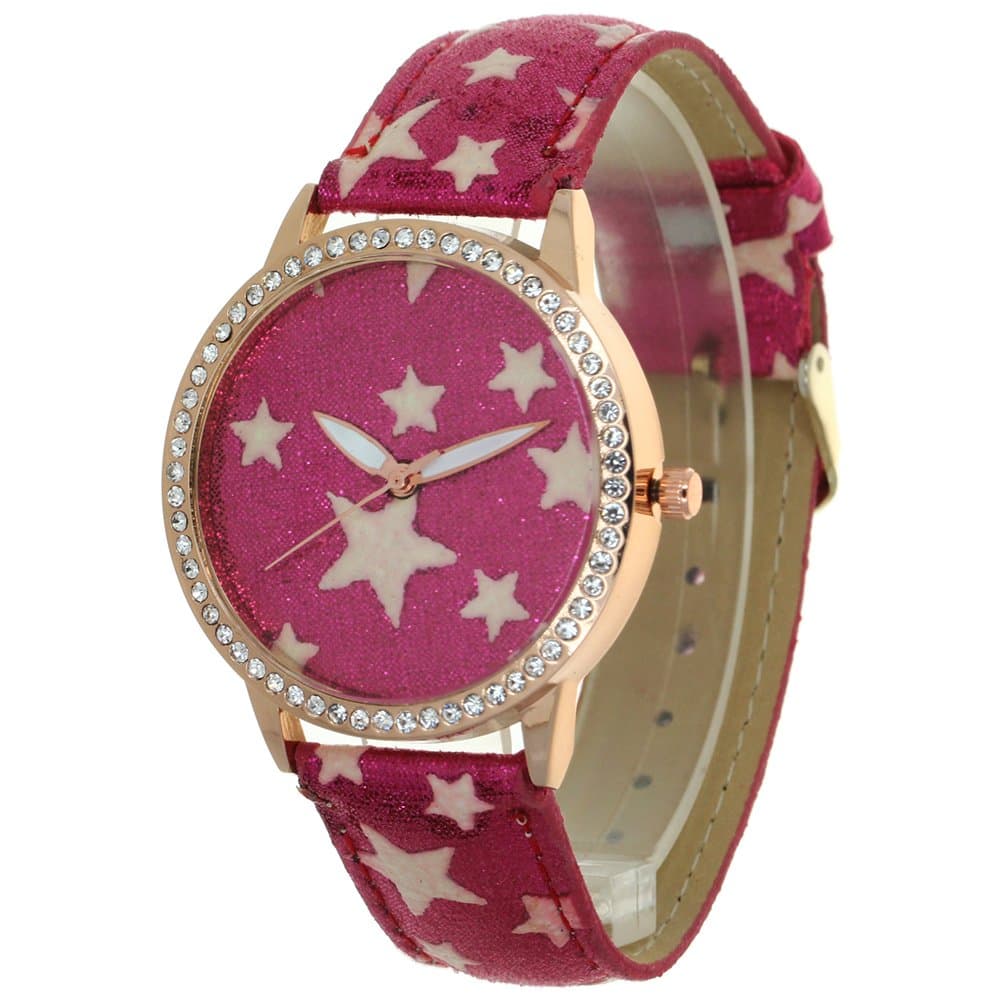 Stars Pattern Printed No Hour Pointers Dial and Straps Lady Watches 12 Edges and Corners Convex Prism Crystal Gold Case Women Japan Quartz Analog Stylish Casual Dress Wristwatch Girls Gifts