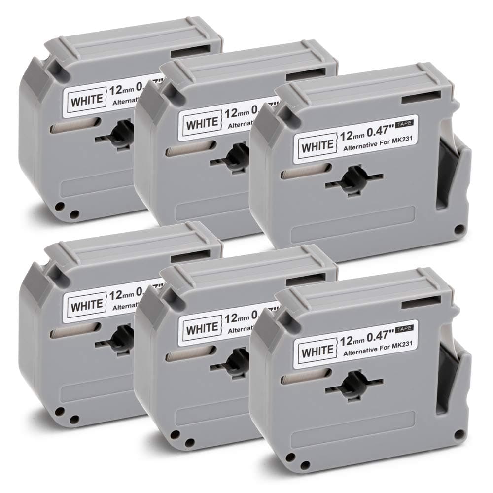 JetSir Compatible Label Tape Replacement for Brother P-touch M Tape M231 MK231 M-K231 Use on Brother P-Touch PT-M95 PT-90 PT-70 PT-65 PT-85, 0.47 Inch (12mm) x 26.2 Feet (8m), Black on White, 6 Pack