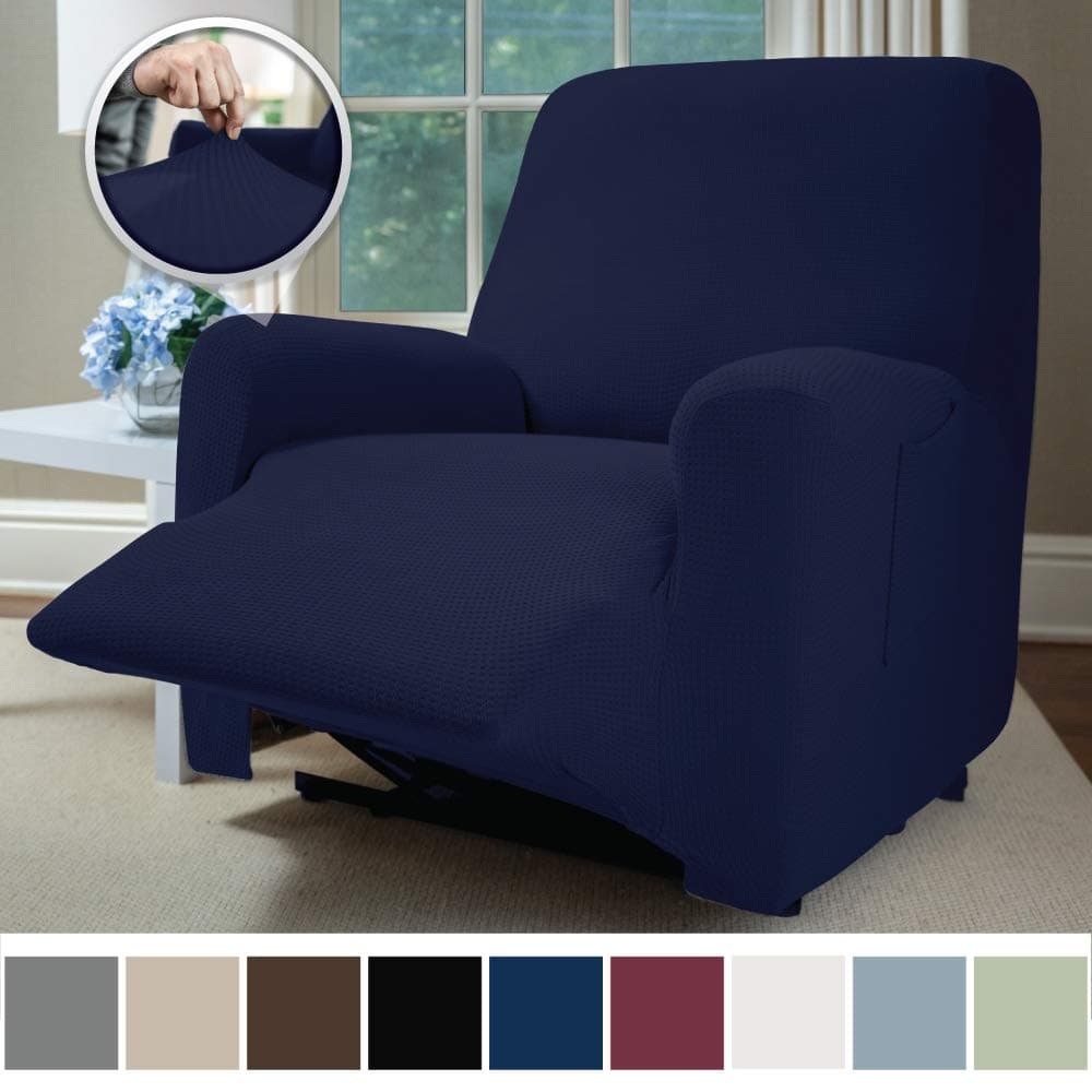 Sofa Shield Original Fitted 1 Piece Recliner Protector, Seat Width up to 28 Inch, Stretch Furniture Slipcover, Fastener Straps, Spandex Reclining Chair Slip Cover Throw for Pets, Recliner, Navy Blue