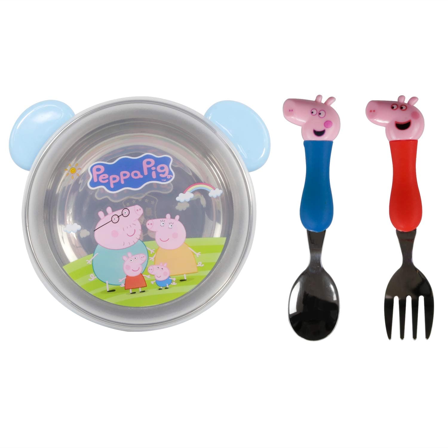 QiMing Pink Easy Grip Tableware Fork Spoon Bowl Set,Stainless Steel Tool for Children
