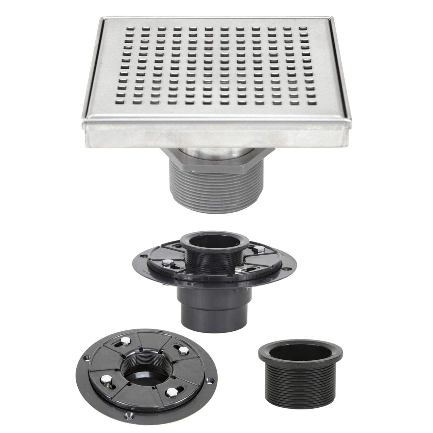 Shower Linear Drain (6 inches) – Square Checker Pattern Grate with Threaded Adapter and Adjustable Leveling Feet – Brushed 304 Stainless Steel (with 2 Inch ABS Shower Drain Base Flange Included)