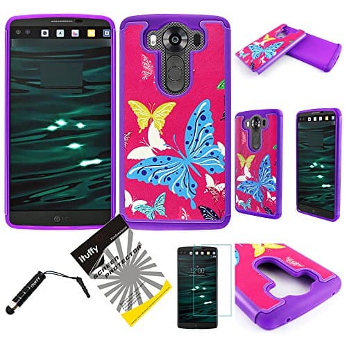 For LG V10 ITUFFY (TM) 3items Combo: Screen Protector + Stylus Pen + Dual Layer Impact Resistance Hybrid Armor Case (Purple Color Butterfly)