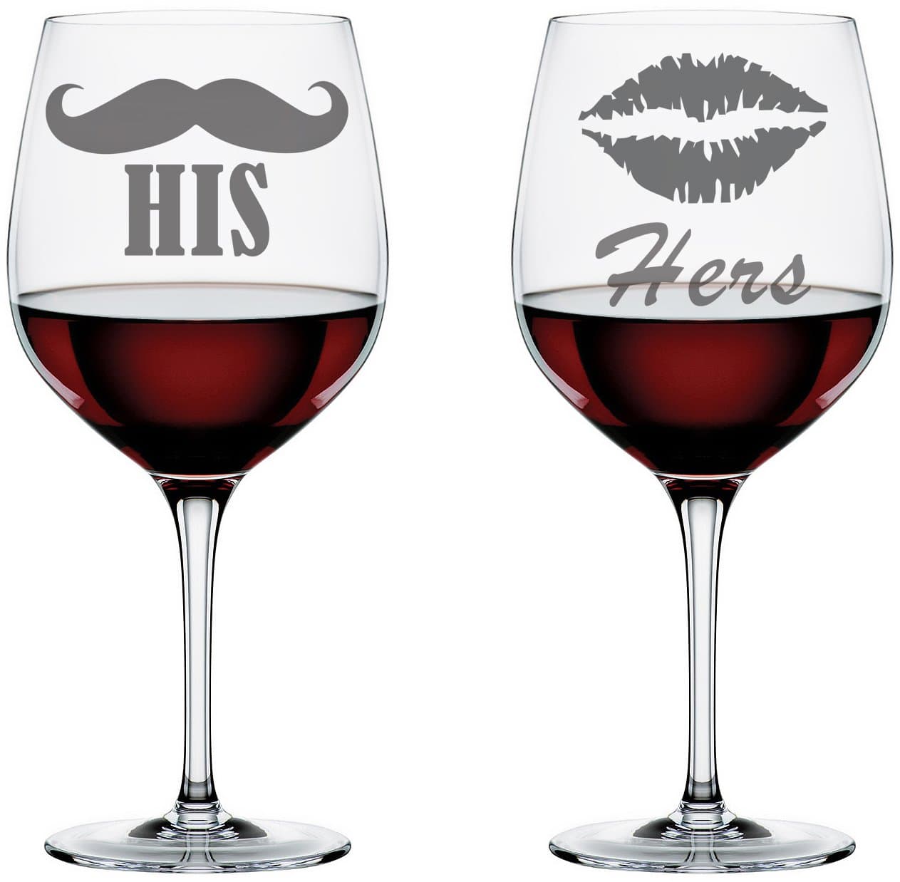 "His (Mustache)" & "Hers (Lips)" Unique Gift Idea For Him or Her - 2x12 oz Wine Glasses- Unique Gift or Present Idea For Men Women Friends Family
