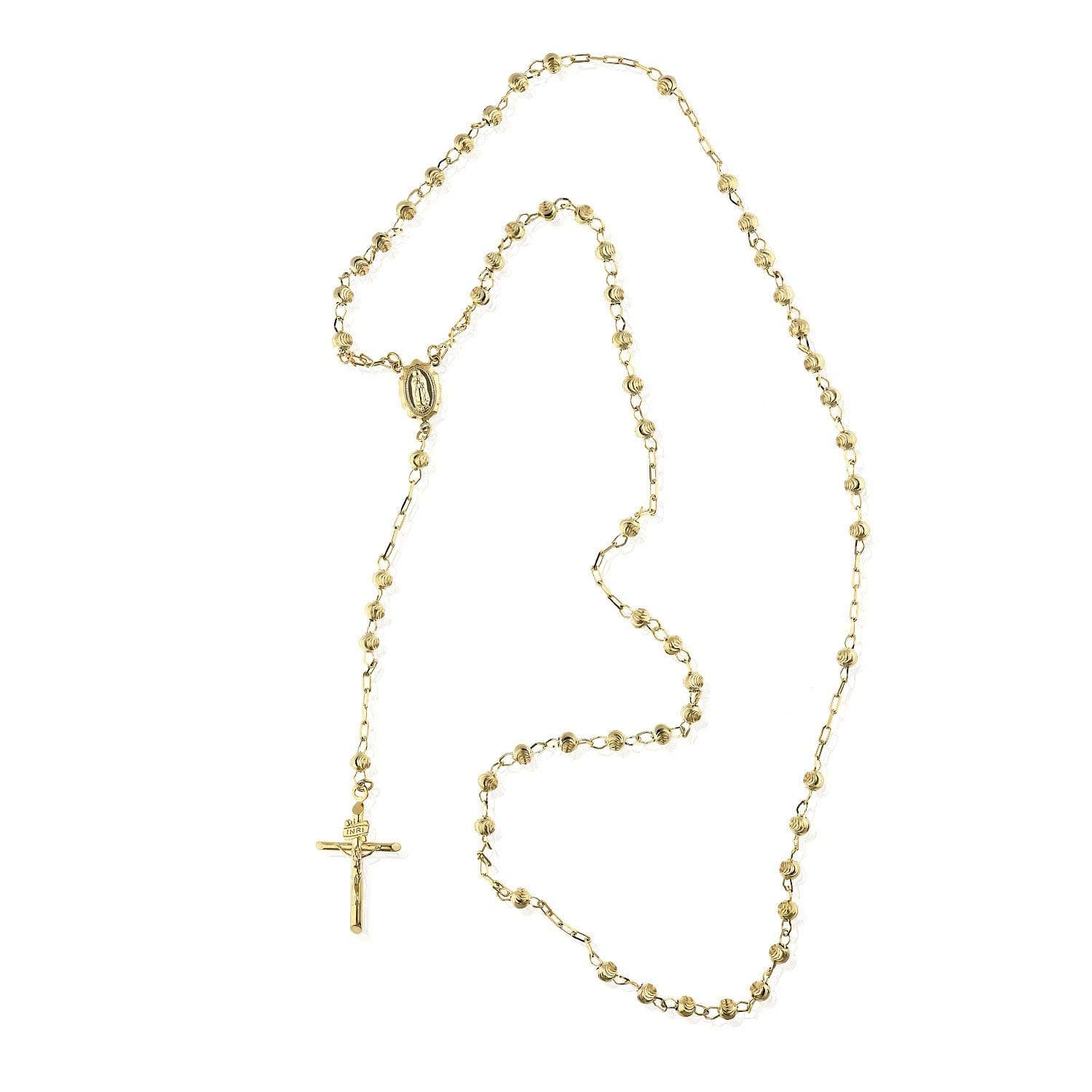 14K Solid Yellow Gold 4mm Moon Cut Beads 26" Religious Rosary Chain Necklace