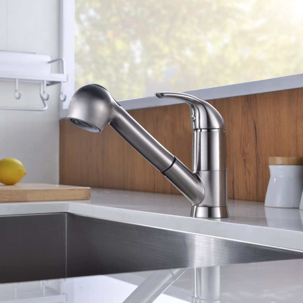 Khrodis Classic Kitchen Faucet with Sprayer Single Handle Control Brushed Nickel Pull Out Two Functions Sprayer(Stream or Spray) 360° Swivel Kitchen Sink Faucet also for Bathroom Sink