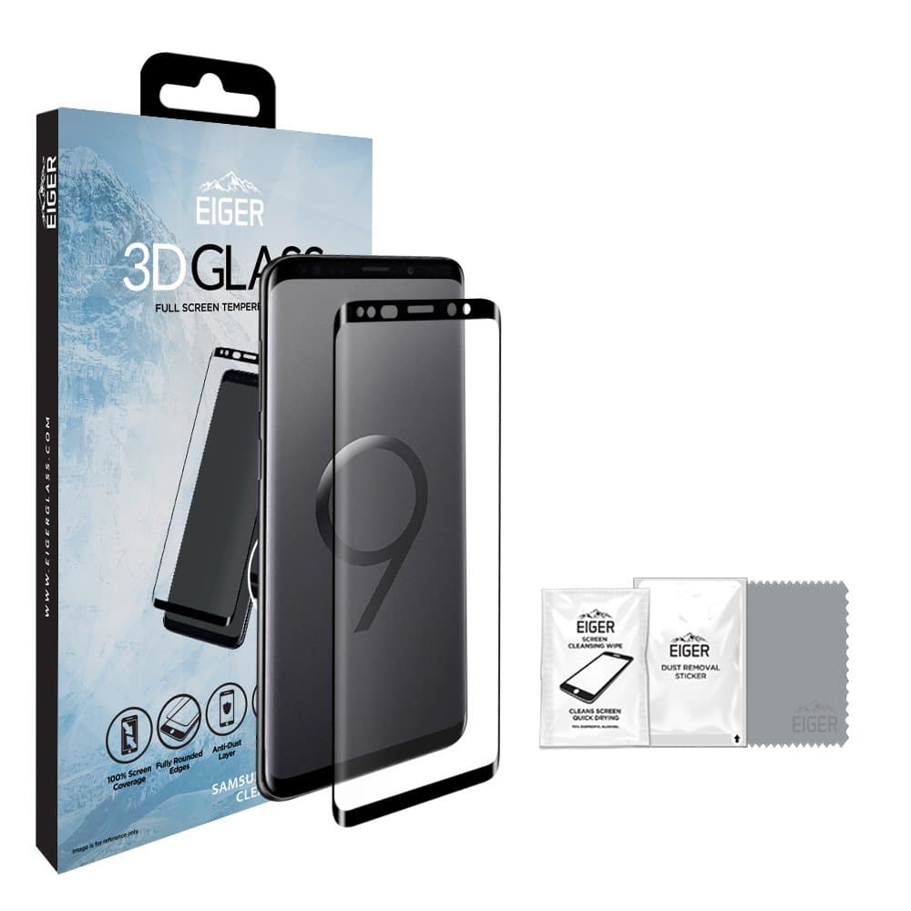 EIGER Edge to Edge Premium Tempered Curved Glass Screen Protector for Samsung Galaxy S9 with Cleaning Kit - Black/Clear