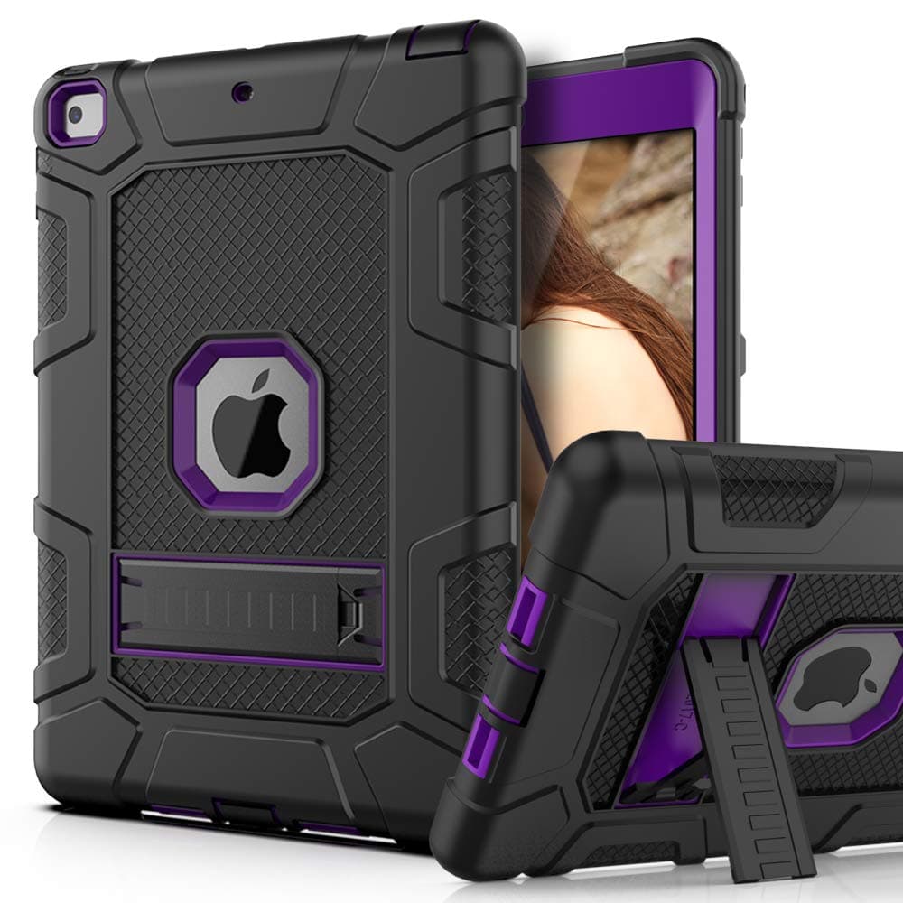 PBRO Case for iPad 9.7 2018/2017,iPad 9.7 iPad 5th / 6th Generation Shockproof Defender Kickstand Three Layer Protective Anti-Scratch Rugged Hybrid Case for iPad 2017/2018,Black Purple