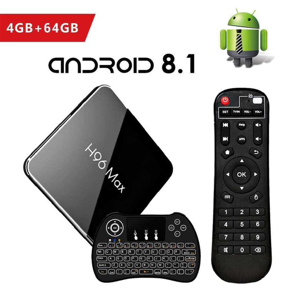 H96 MAX Android 8.1 TV Box with Wireless Backlit keyboard, 4K Ultra HD Smart TV Box 4GB DDR3 + 64GB EMMC Bluetooth 4.0 with Amlogic S905X2 Quad Core 64Bits CPU Support 2.4/5GHz WIFI 100M LAN H.265 3D