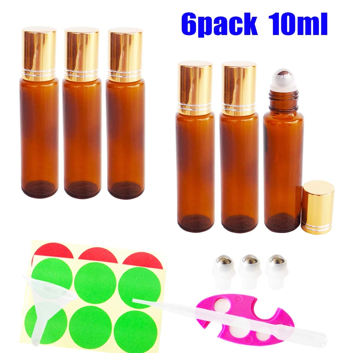 GreatforU 6pack 10ml Amber Empty Glass Roller Bottles for Makeup Essential Oil Perfume Blends, Portable Travel Size, FREE 3ml Dropper, Mini Funnel, Key Opener, Extra 3 Metal Roll-on Balls, 12 Labels