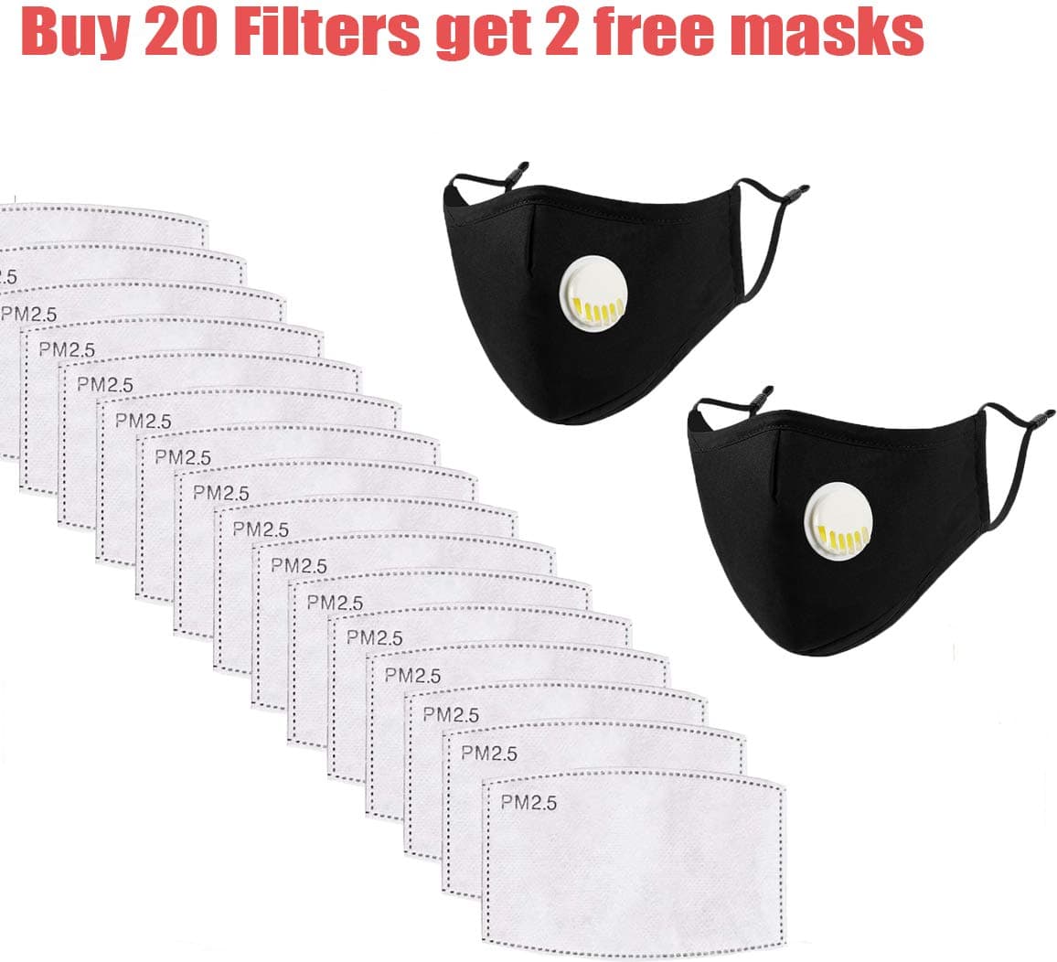 20 Pcs PM2.5 Activated Carbon Filter for Breathing Insert Protective mask Anti Pollution Washable Cotton for adult Outdoor Activities (Black)