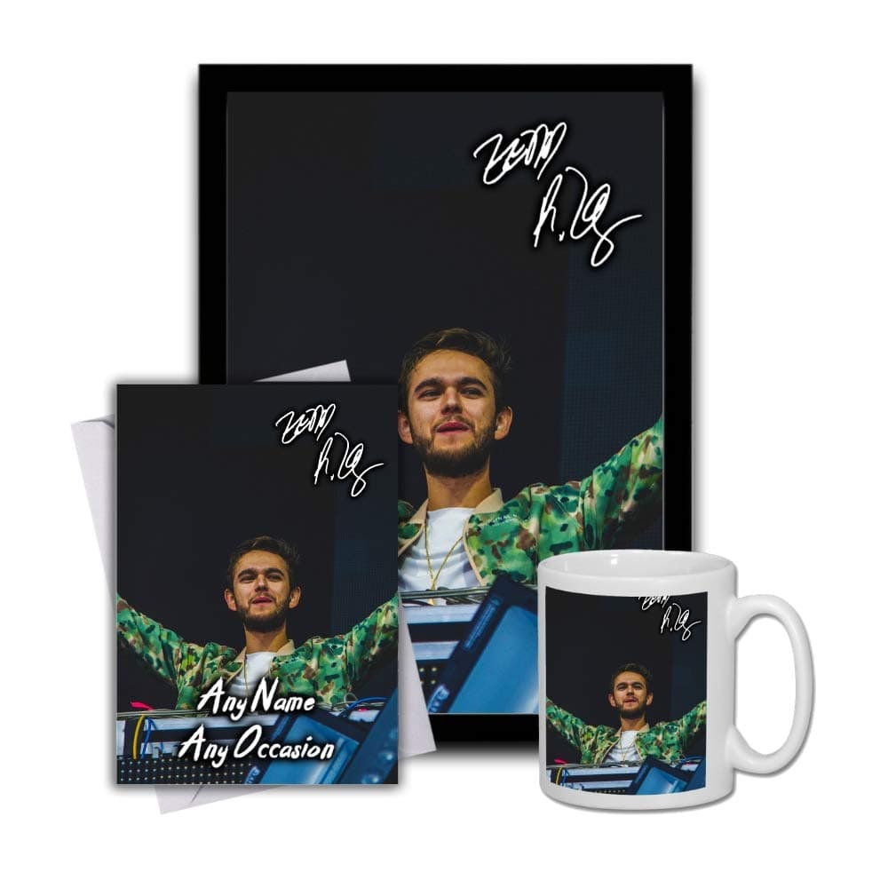 Star Prints UK Zedd (V1) Gift Set Bundle 2019 - Large 11cm Mug, A4 Framed Poster and Matching Birthday or Christmas Card (Personalised Card)