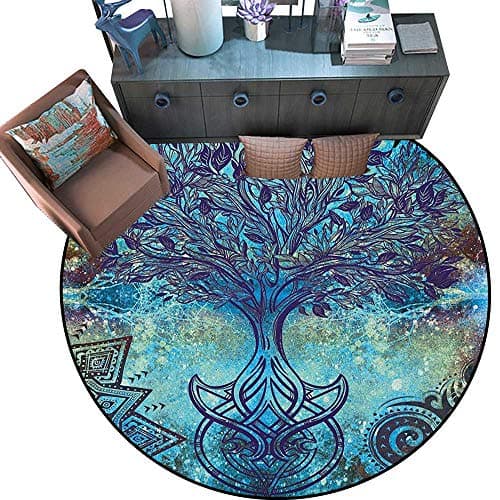 Ethnic Round Soft Area Rugs Grunge Style Tree Pattern with Ethnic Mandala and Spiral Shapes Blurry Artwork Perfect for Any Room, Floor Carpet （55" Diameter） Turquoise Brown
