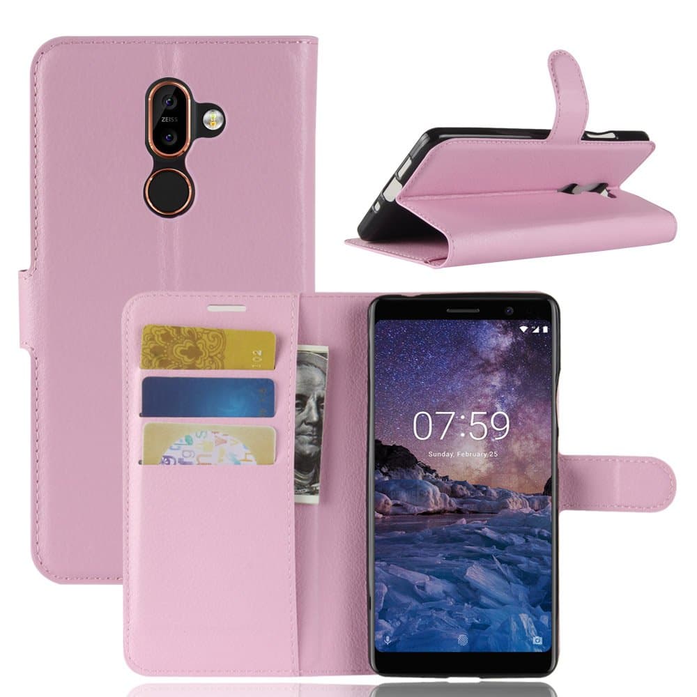 For Nokia 7 Plus Case, Genuine Leather Wallet Case, Premium [Slim Fit] Flip Book Case Cover with Stand Function and Credit Card Slot,pink