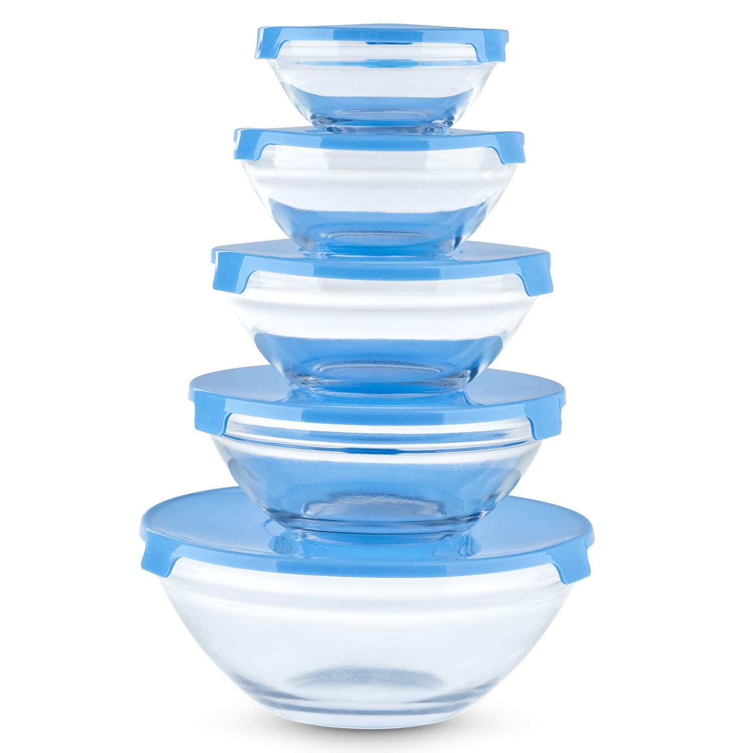 Ryori Kitchen 5pc Stackable Glass Food Storage Bowl Set with Lids - Microwave Dishwasher Freezer Safe (Blue)