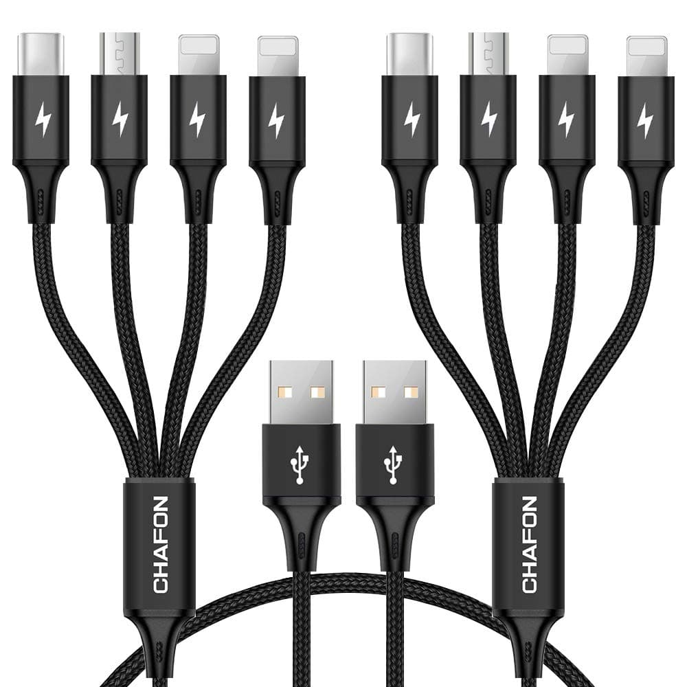 CHAFON Multi Charger Cable Short,4 in 1 USB Charging Cord Nylon Adapter with Dual Phone,USB C,Micro Connectors Compatible with LG, Galaxy,Sony Xperia,Android Tablets,Black(1FT,2Pack)