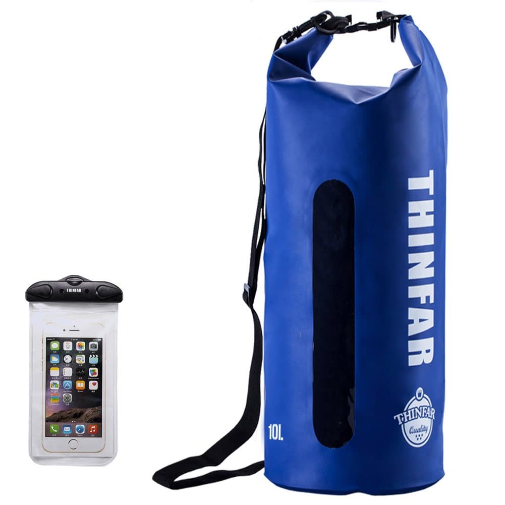 Ultralight Waterproof Dry Sack with Window-Durable Roll-top Closure Dry Bags Along with Waterproof Touch Screen Friendly Phone Case for Rafting, Boating, Hiking, Camping,Swimming and Fishing Blue 10L