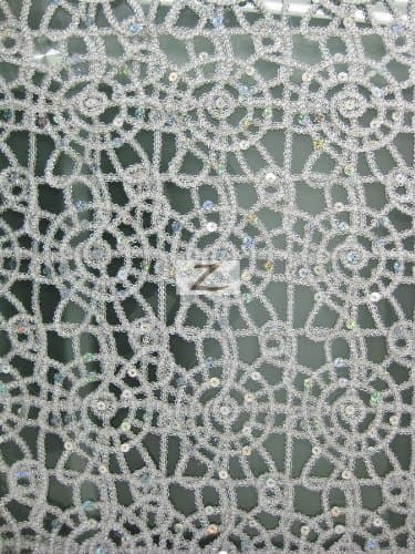 CIRCULAR SUN DISK LACE SEQUIN FABRIC - White/Silver - 54" WIDTH SOLD BY THE YARD