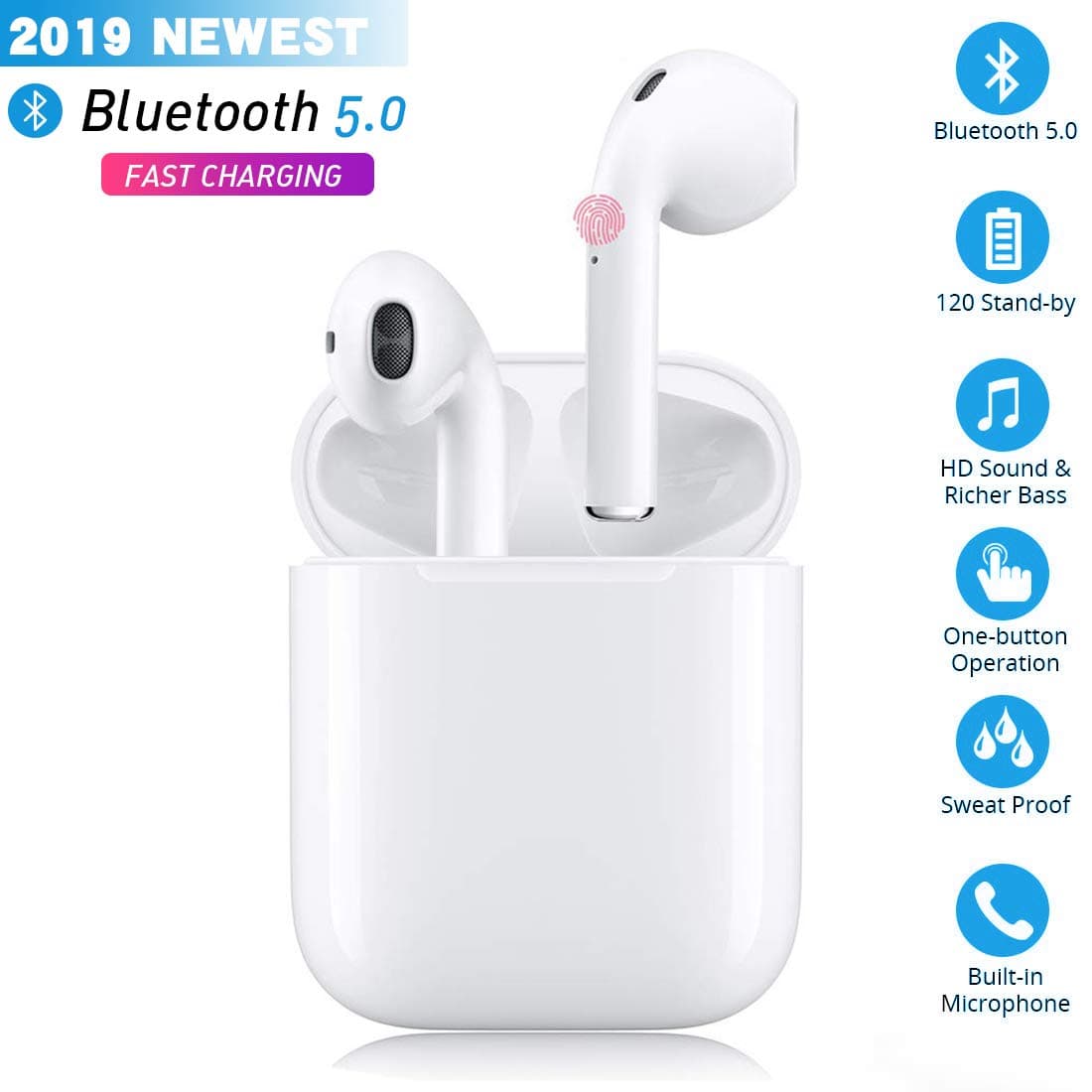 Wireless Earbuds Bluetooth 5.0, 3D Stereo 24H Playtime Wireless Sports Headset with Charging Case, IPX5 Waterproof, Pop-ups Auto Pairing Compatible for All Bluetooth Devices