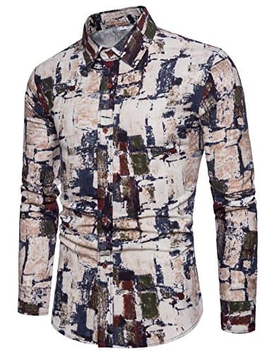 LEFTGU Men's Printed Long Sleeve Slim Fit Button-Down Multicolored Linen Casual Shirts