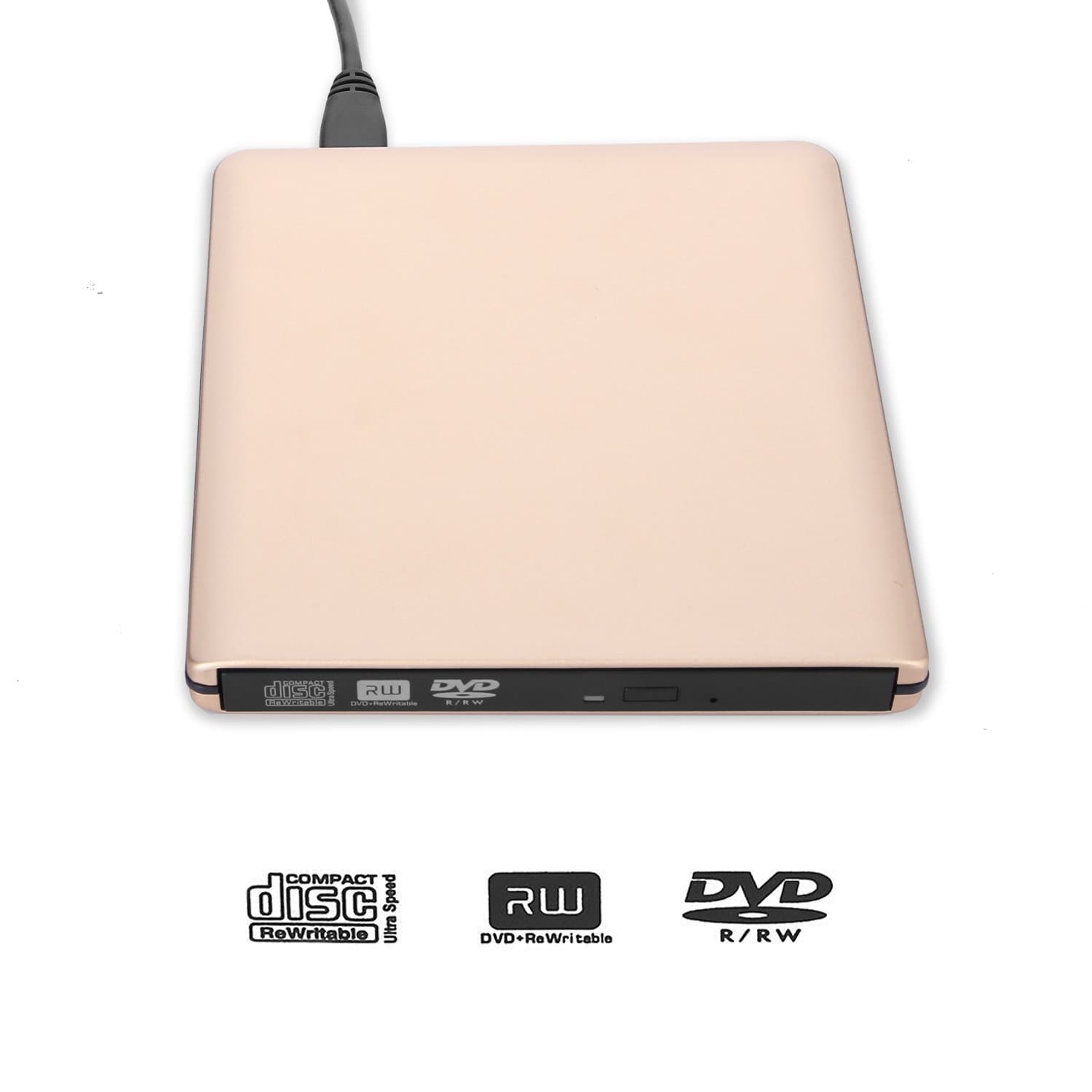 Emmaky DVD Drive USB 3.0 External CD DVD Player Writer Aluminium CD-RW/DVD-RW Burner Drive For MacBook/Laptops/Desktops/Notebooks Support Windows 10 (Golden)