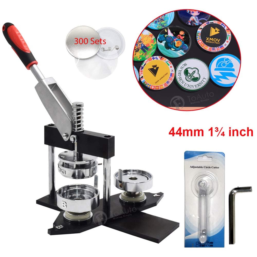 Pins Maker Machine 44mm 1¾ inch Button Badge Maker Pins Punch Press Machine Aluminum Frame 300pcs Free Button Parts + Circle Cutter (44mm 1¾ inch)