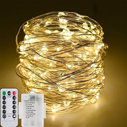 LED String Lights, 100 LED Battery Powered with 8 Modes Remote Control Fairy Light Waterproof Dimmable for Christmas Festival Wedding Bedroom Garden Party Decor(Silver Wire Warm White), 33ft