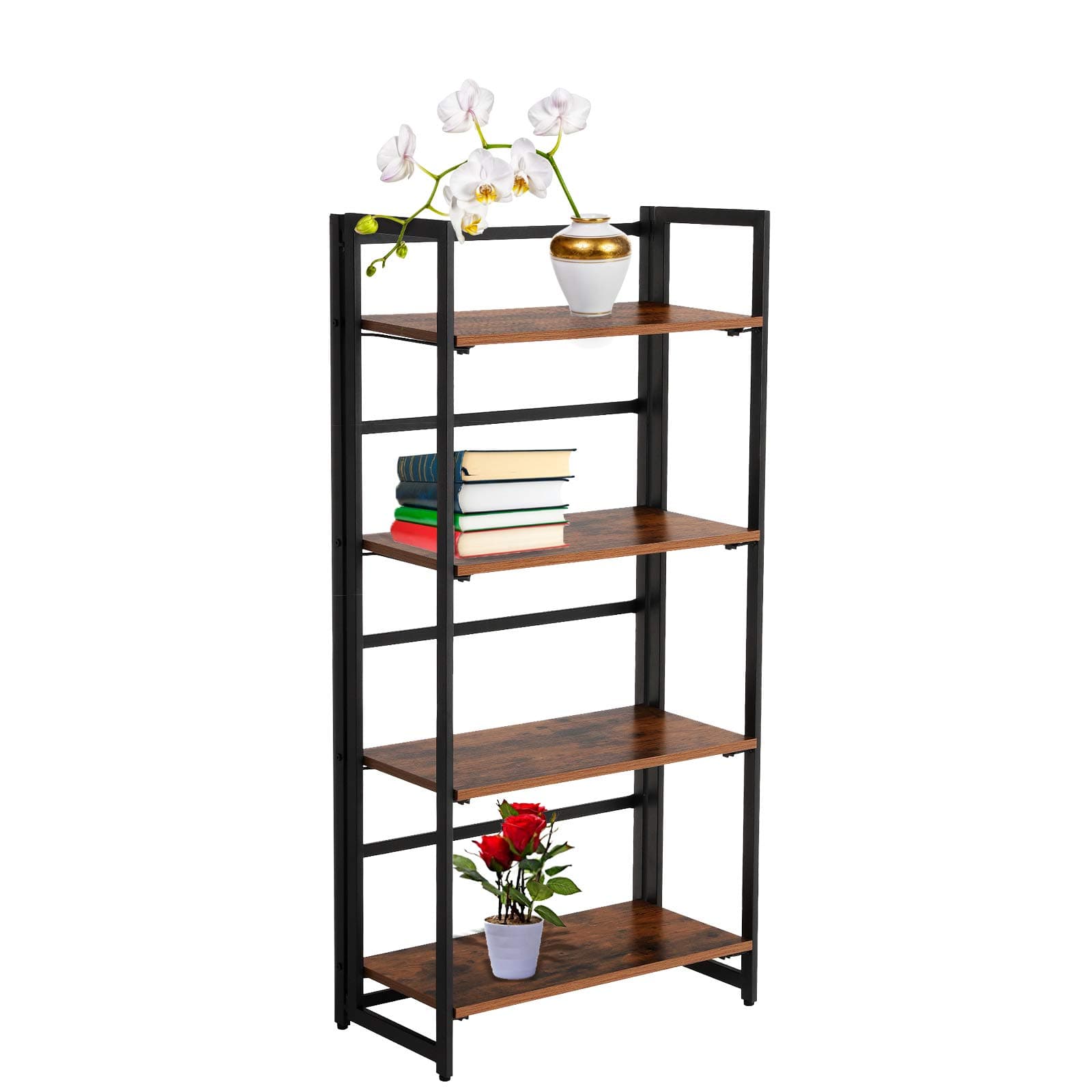 Comodo Folding Bookshelf, 4-Tier Bookcase, Multifunctional Shelving Unit, Easy Assembly, with Metal Frame, Rustic Dark Brown
