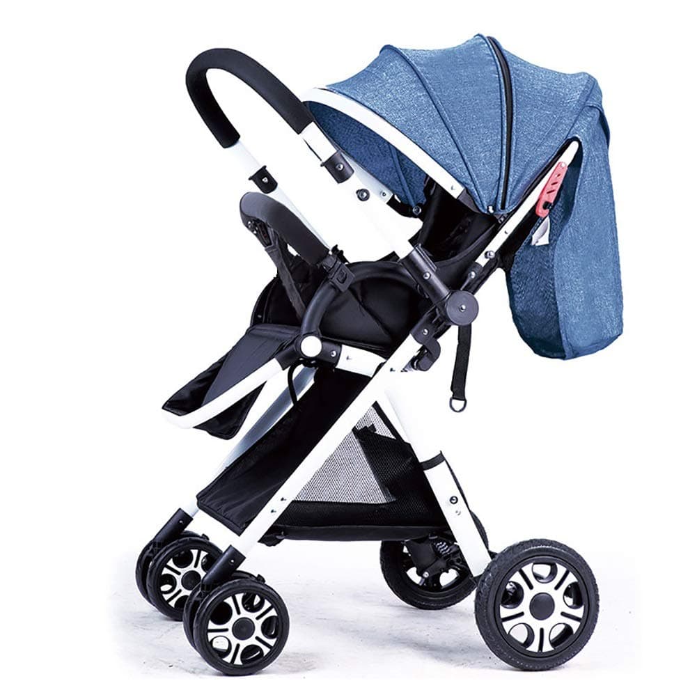 Stroller Handle Reversible Stroller Can Sit Down and Lie Down Ultralight Portable Collapsible Stroller White and Gold Frame (Color : Linen Blue)