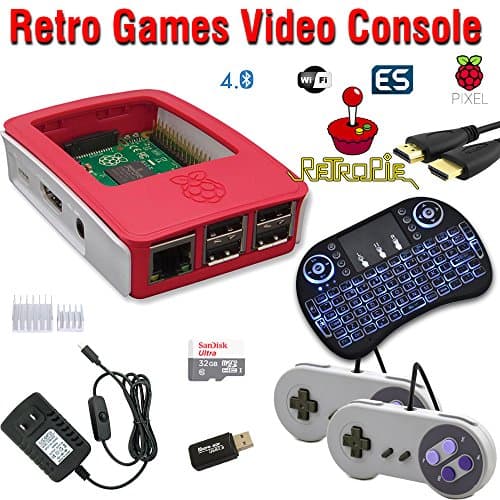 RetroBox - Raspberry Pi 3 Based Retro Game Console, 32GB Red Edition with Heatsinks, two Snes Type Controllers and Wireless Keyboard, RetroPie