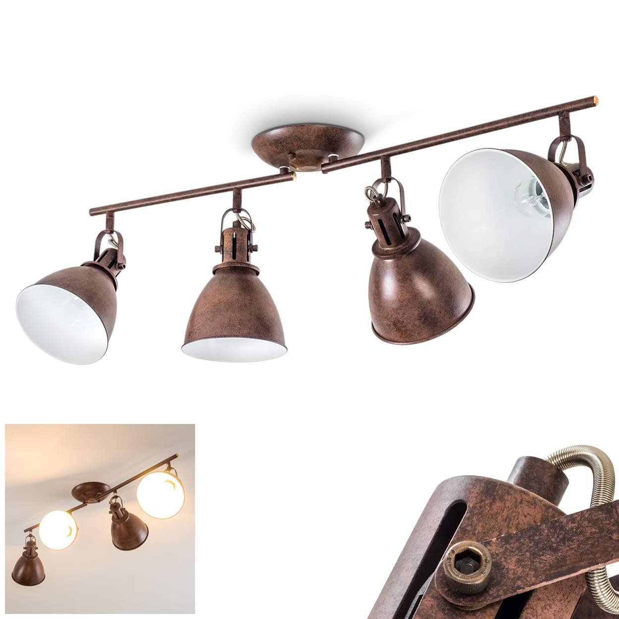 Ceiling Light Koppom, Ceiling spotlights Metal in rustbrown, 4 Spots Individually Adjustable, with E14 sockets (40 Watts), Vintage Appeal