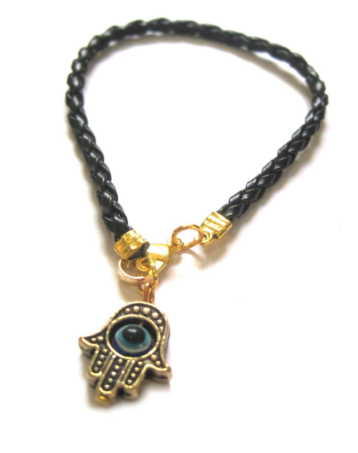 Gold Hamsa Hand Kabbalah Black Leather Thread String Bracelet Evil Eye