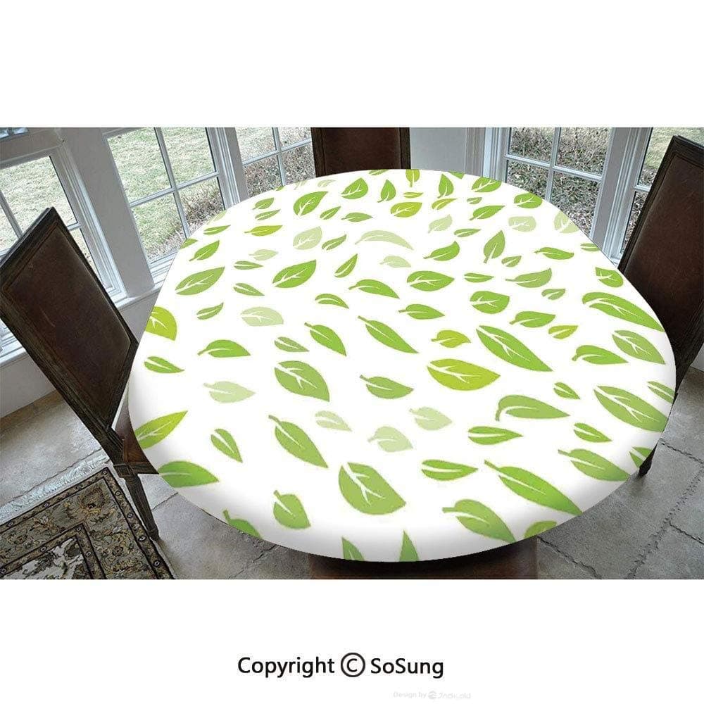 Leaves Polyester Fitted Tablecloth,various Green Spring Leaves Illustration With Lined Patterns Garden Summer Graphic Design Oblong Elastic Edge Fitted Table Cover,fits Oval Tables 48x48 Green