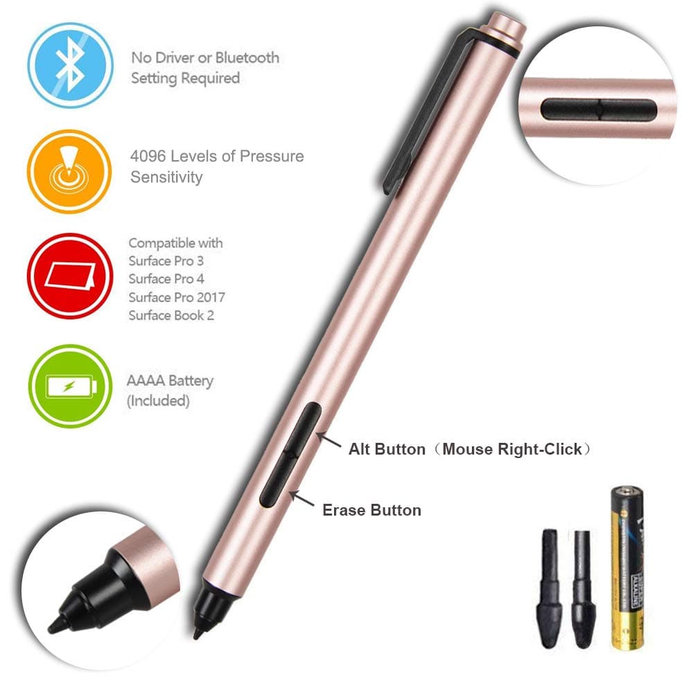 Pen for Surface Pro, Digital Stylus Pen Surface Pen for Microsoft Surface Pro 3 Pro 4 with 4096 Levels Pressure Eraser Function and 2 Tips- Rose Gold