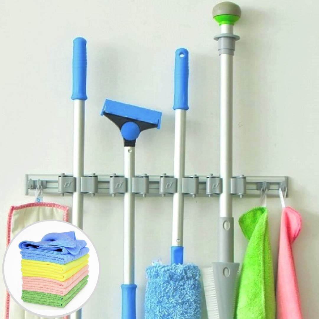 BLUE TOADS Broom Holder Wall Mounted with 5 years gaurantee+Microfiber Cloth- 4 Slots and 4 Hooks-Nothing Slides with Our Broom mop Holder