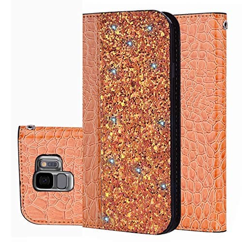 Lspcase Samsung S9 Crocodile Pattern Leather Case, Galaxy S9 Glitter Flip Book Cover Magnetic Stand Protective Phone Case with Card Holder Premium PU Leather for Samsung Galaxy S9 - Orange