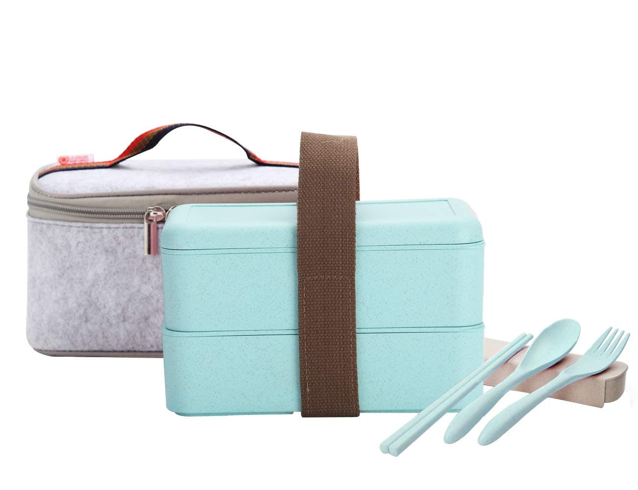 Worthbuy Bento Box Microwave Safe Stackbale 2 Tier Bento Lunch Box with Cutlery and Insulated Lunch Bag for Kids and Adults (Green)