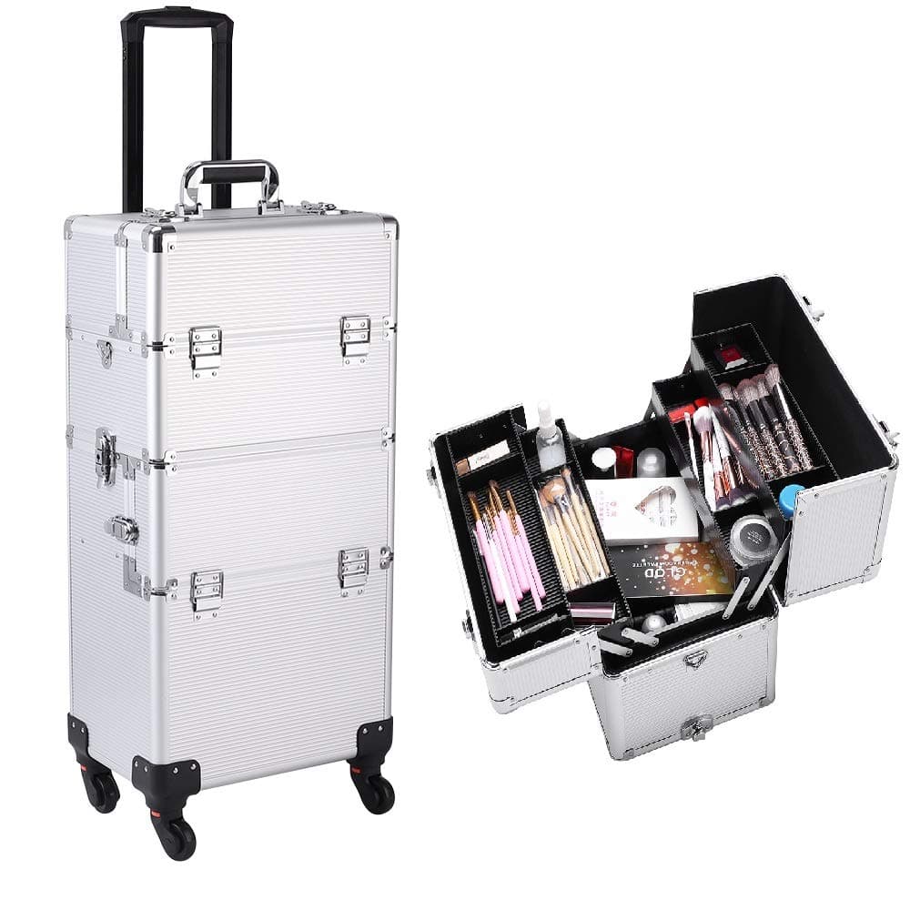Makeup Train Case,Amailtom 3 in 1 Professional Rolling Trolley Makeup Case Cosmetic Train Case Portable Aluminum Artist Beauty Train Case Cosmetic Organizer Box with 360° Wheels & Shoulder Straps