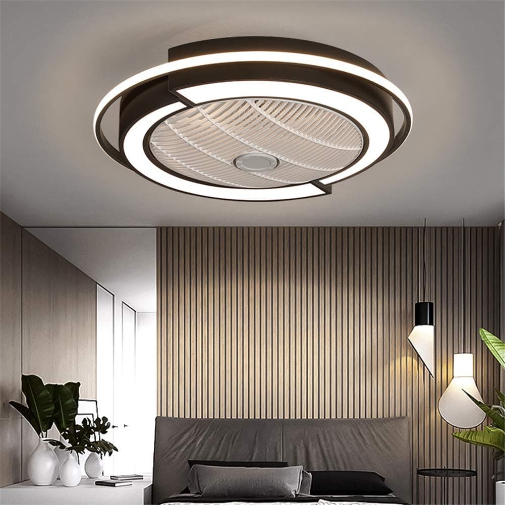 Ceiling Fan with Lights Modern LED Remote Control Dimmable Hidden Blade Low Profile Semi Flush Mount Enclosed Fandelier Lamp (53cm/21Inch, Black)