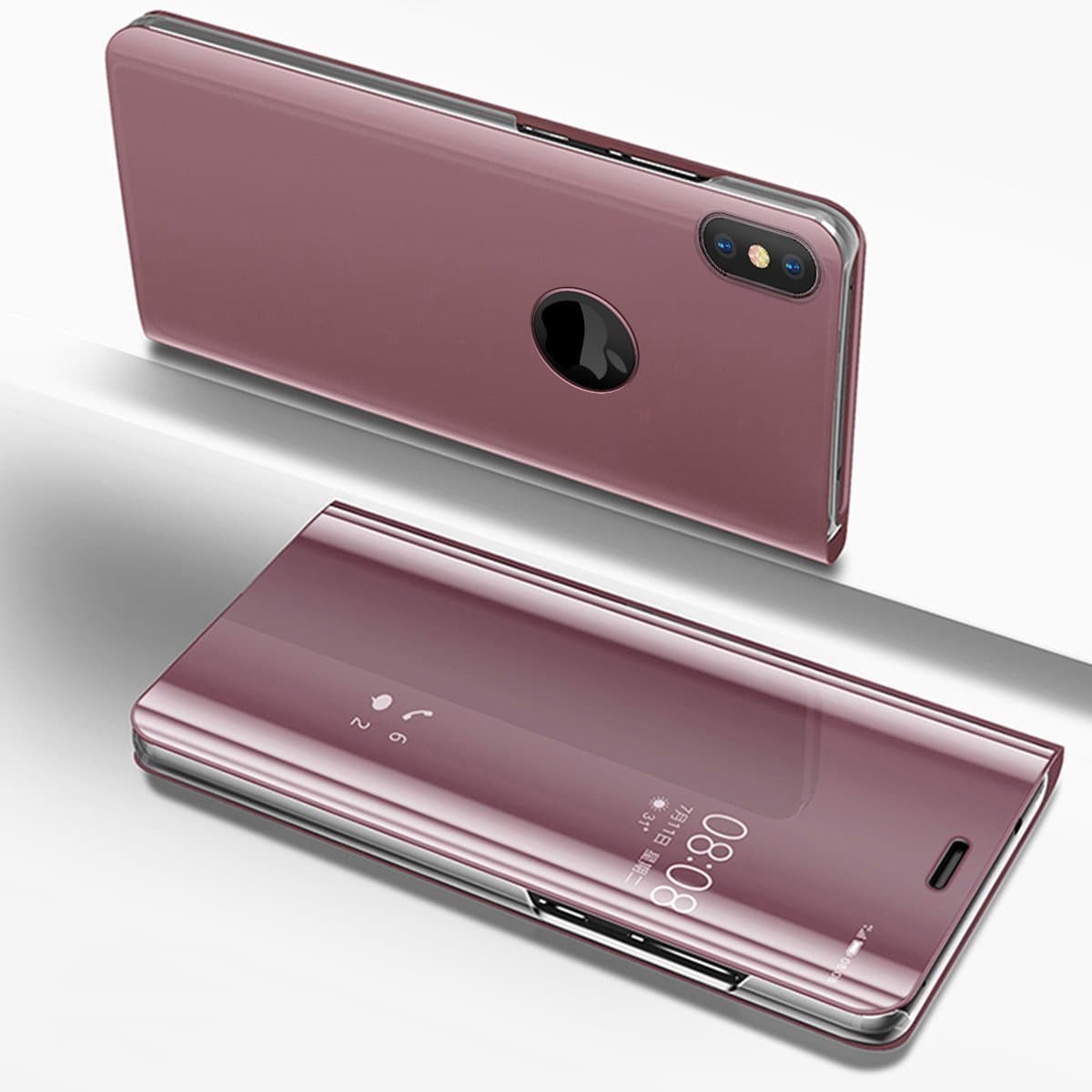 Etsue Mirror Leather Case for iPhone XS / iPhone X Mirror Makeup Plating Smart View Flip Cover PU Leather Case Clear Standing View Bookstyle Wallet Case Cover Rose Gold