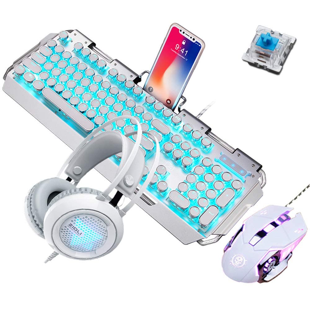 Mechanical Gaming Keyboard Mouse and Headset,Blue Switch Blue LED Metal Wired Keyboard+3200DPI Mouse+Colorful Breathing Light Gaming Headset Office Keyboard Portable Gaming Keyboard
