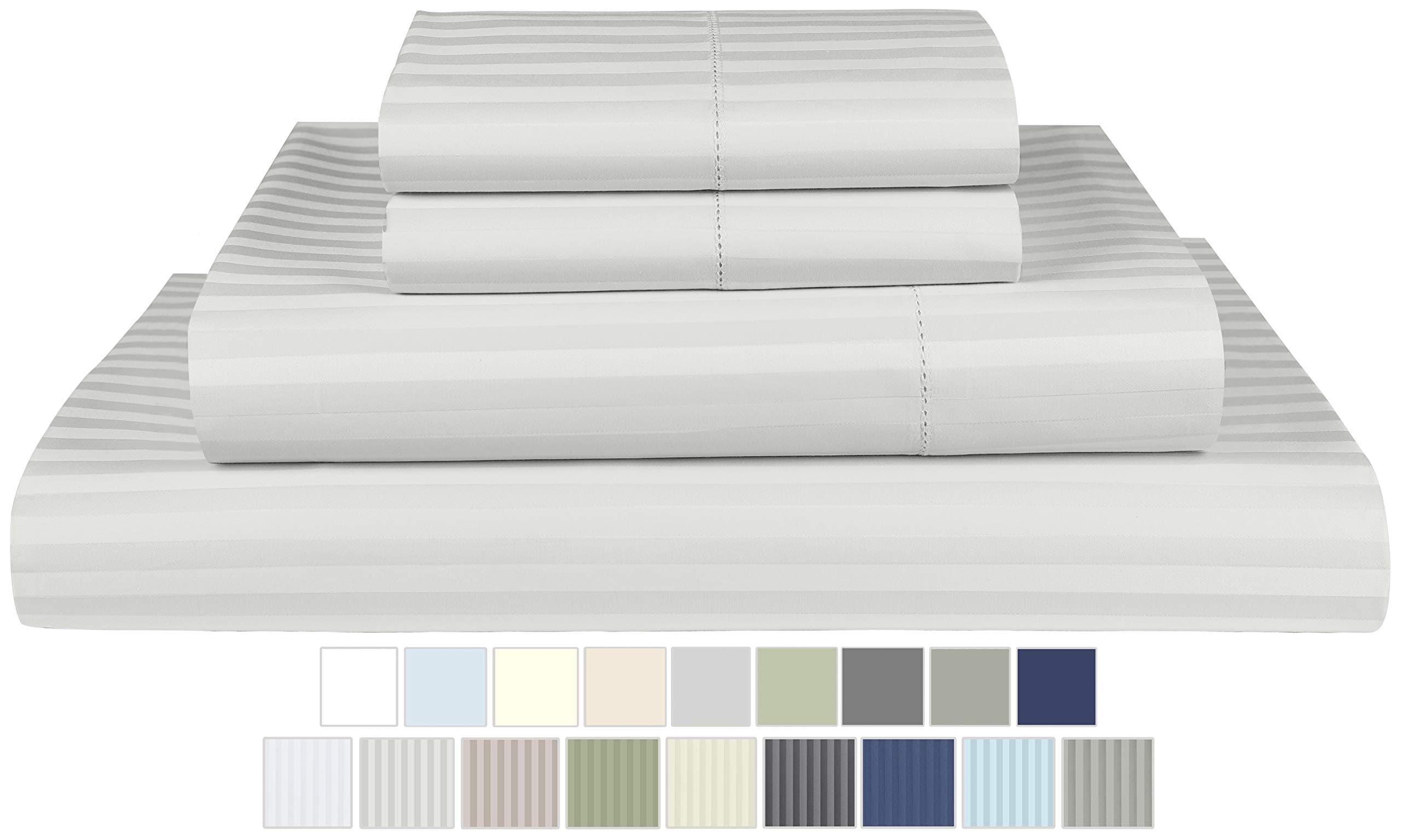 Threadmill 100% Cotton Sheets for King Size Bed - 600 Thread Count King Bed Sheets Set with 16” Deep Pocket - Damask Stripe Sateen Weave 4-Piece Bedding Set with Cooling Effect, Light Grey