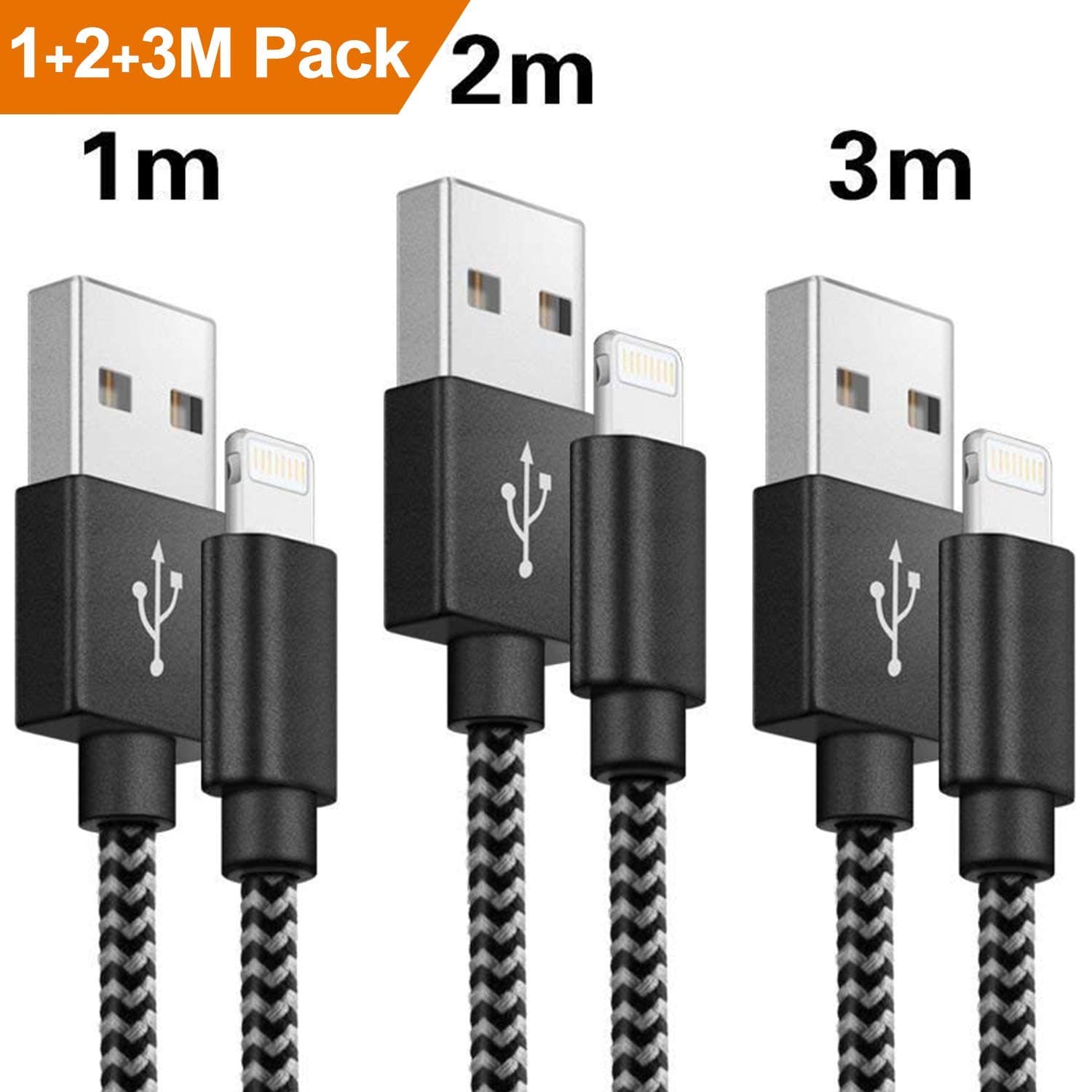 iPhone Charger Cable MFi Certified 3 Pack [1m 2m 3m] Ecclus iPhone Charger Nylon Braided Fast Lightning Cable Compatible with iPhone XS X 8 8 Plus 7 7 Plus 6s 6s Plus 6 6 Plus iPad iPod