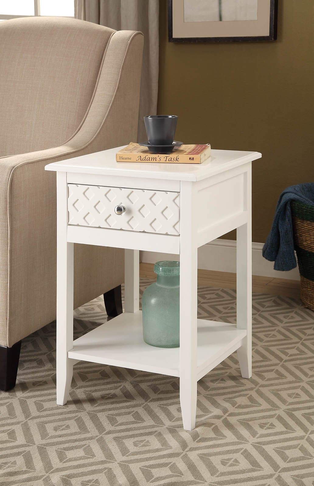 White Finish Patterned Drawer Side End Table Nightstand with Bottom Shelf