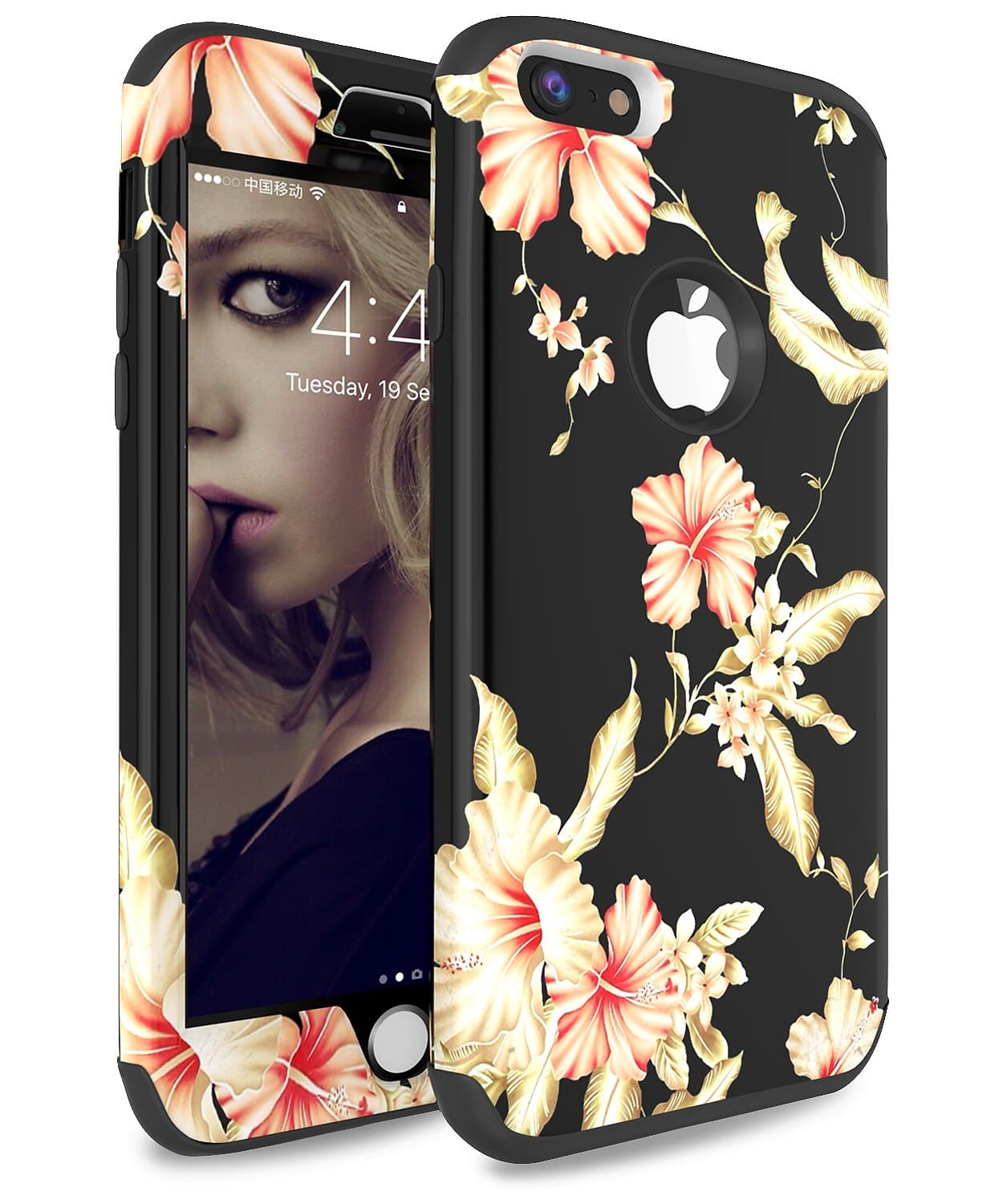 iPhone 6 Plus Case, iPhone 6s Plus Case ADCOOG [Flower] Three Layers Heavy Duty Case for Girls/Women Hybrid Protective Floral Case for iPhone 6 Plus,iPhone 6s Plus (Black+Morning Glory)