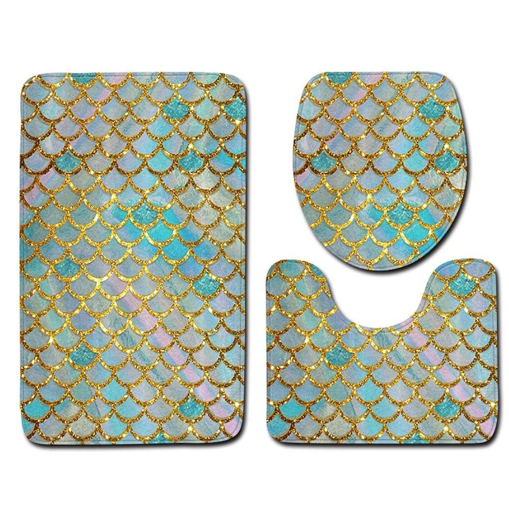 Watopi 3 Pcs/Set Creative Bath Mats, Fancy Fish Scale Mermaid Colourful Non Slip Bathroom Rugs Set Toilet Carpet Doormats Décor Pedestal Backing Non-slip Rubber Contour Toilet Lid Rug