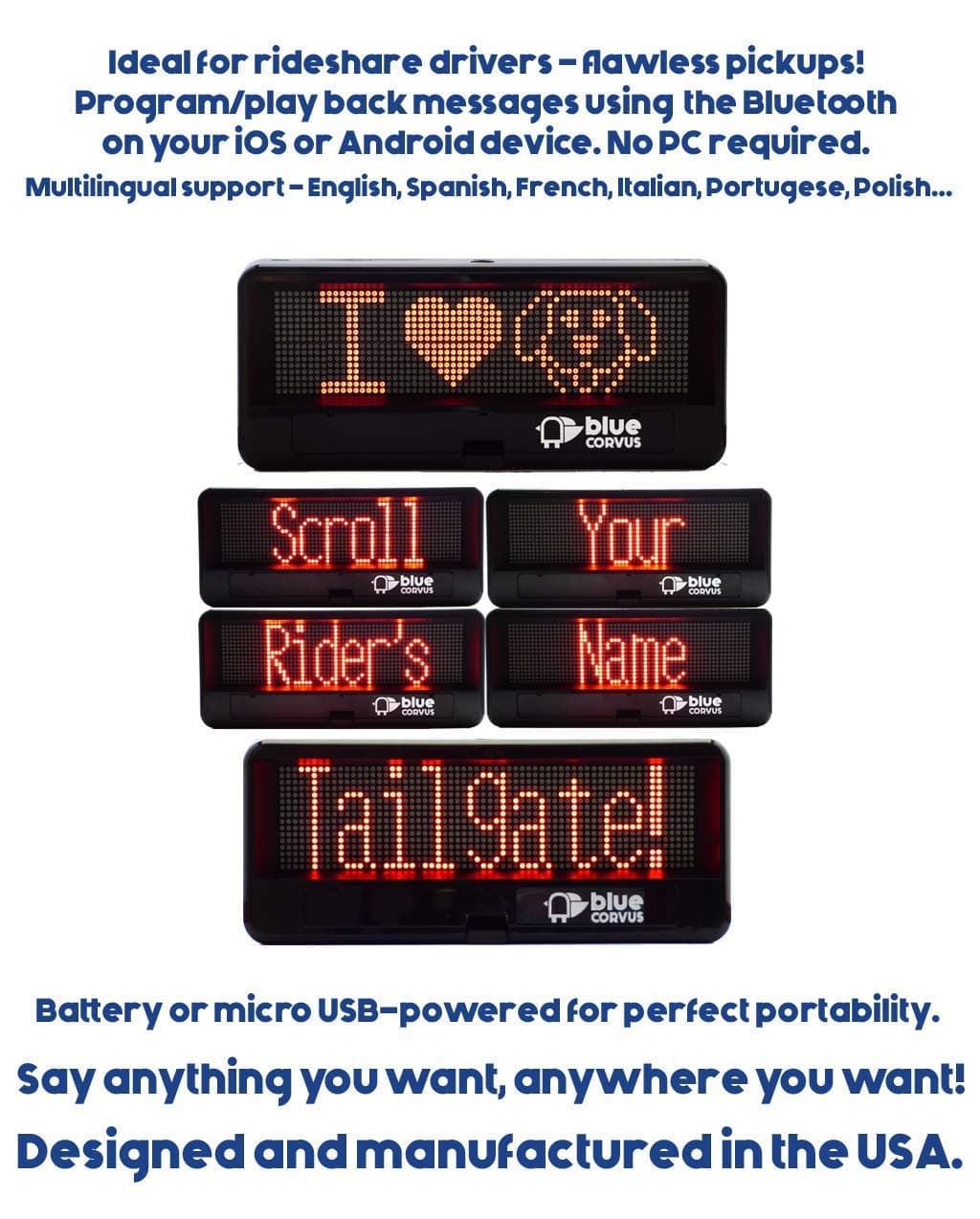 The Bird Rideshare - Your Bluetooth Programmable Portable Scrolling LED Sign: Perfect for Rideshare and Limo Drivers or Any Vehicle - Designed and Manufactured in The USA!