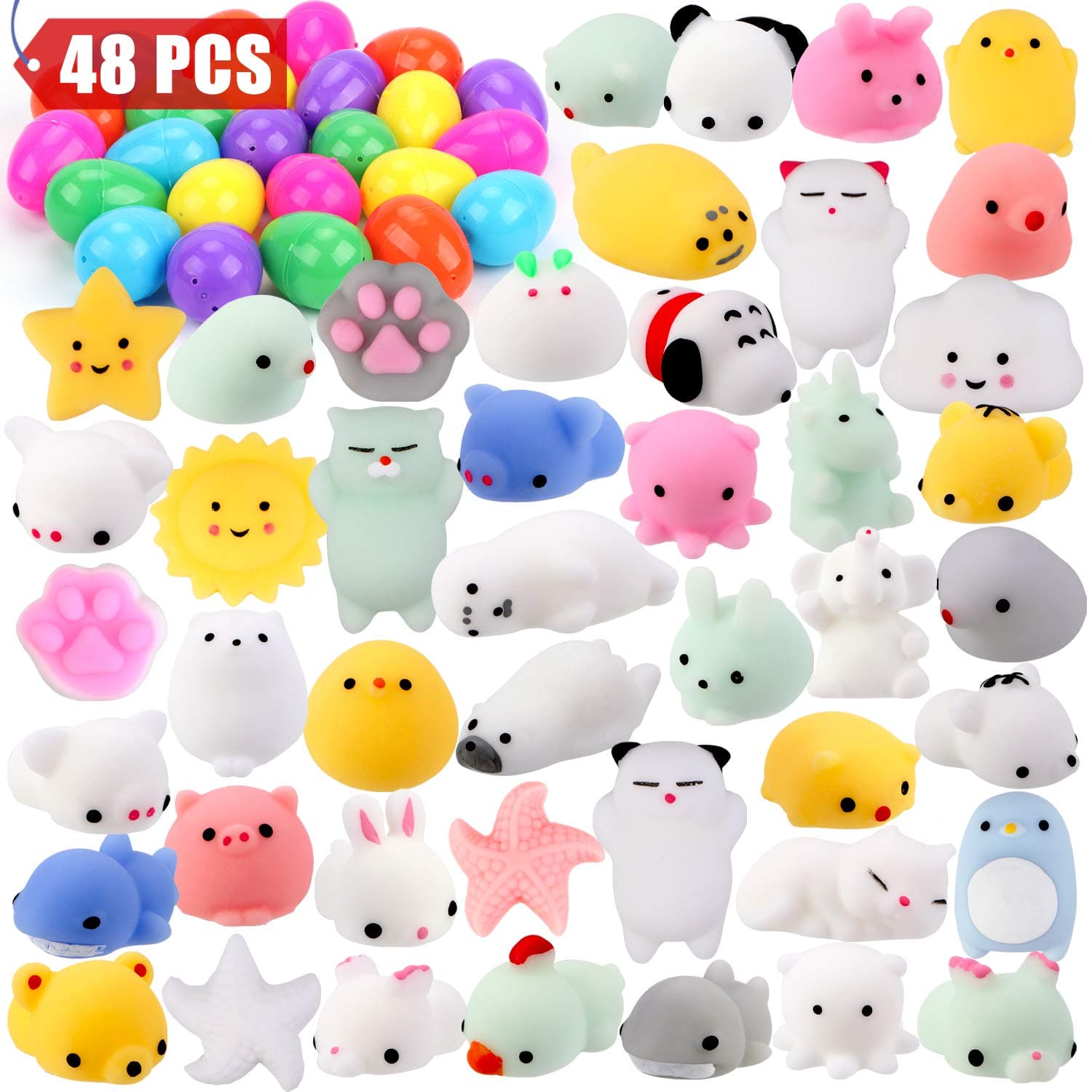 Sizonjoy 48 Pack Mochi Squishy Toys Filled Easter Eggs, Mini Soft Animal Squishies Stress Relief Toys for Basket Fillers,School Classroom Prizes